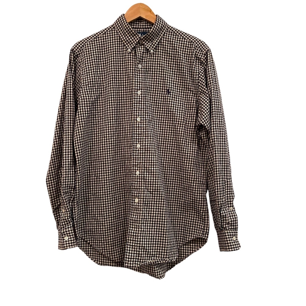 Ralph Lauren Classic Fit Button Down Shirt Pony Check Plaid Blue White, Medium